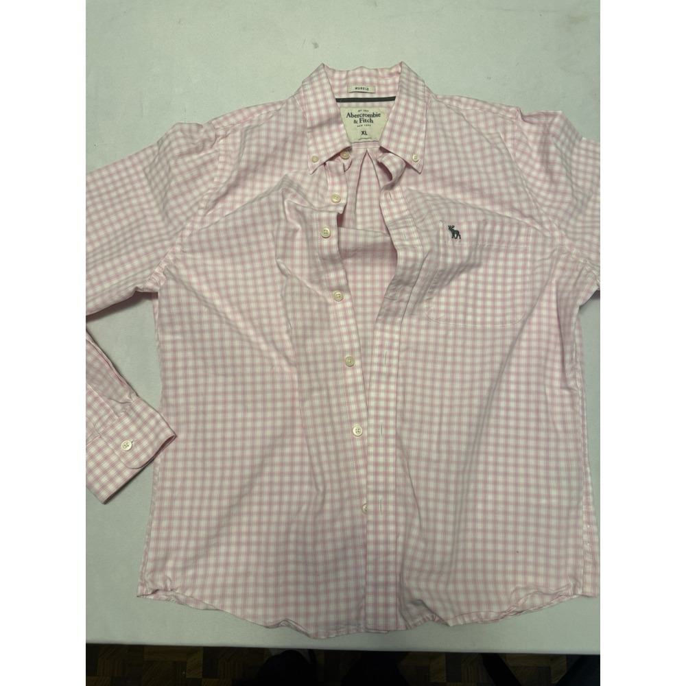 Abercrombie & Fitch Muscle Fit Shirt Mens XL Pink Gingham Plaid Cotton LS Top